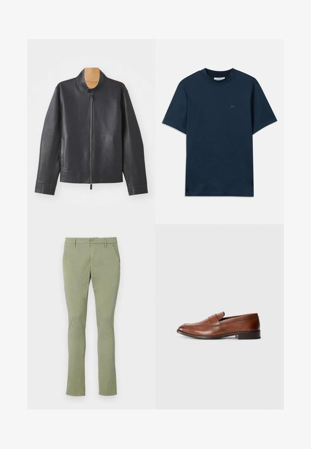 Crna kožna jakna s uspravnim ovratnikom, zatvaranjem na zip i kontrastnim smešnim šavovima. Sadrži dva bočna džepa i optimiziran dizajn.; Tamna plava pamučna majica s okruglim izrezom, kratkim rukavima i suptilnim logotipom otisnutim na prsima. Glatka tekstura i klasičan kroj.; Svijetlozeleni chinos s uskim krojem, izrađeni od mekog materijala. Imaju ravni prednji dio, dva bočna džepa i klasičnu pojasnicu bez ukrasa.; Smeđe kožne ljetne cipele s zaobljenim vrhom, minimalnim šavovima i niskim blok petama. Imaju dekorativnu traku preko prednjeg dijela.
