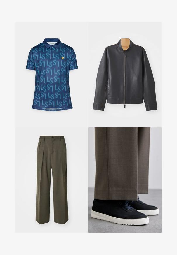 Čierna kožená bunda so stojatým golierom, zipsom a kontrastným hnedým prešívaním. Obsahuje dve bočné vrecká a má aerodynamický dizajn.; Námornícky polokošeľa s opakujúcim sa vzorom "LS" v tyrkysovej farbe, so zapínaním na tri gombíky a žltým logom orla na hrudi.; Filippa K WIDE TROUSERS - Nohavice - driftwood; Čierne semišové tenisky s bielymi gumovými podrážkami, s okrúhlym prstom a šnúrkami, nosené s šedými vypracovanými nohavicami.