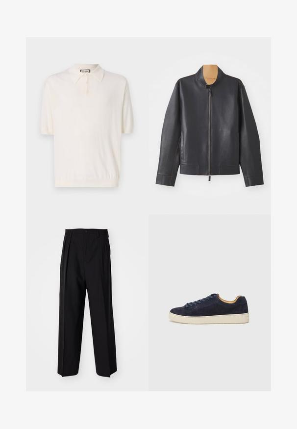 Giacca in pelle nera con colletto stand-up, chiusura a zip e cuciture a contrasto marroni. Presenta due tasche laterali e un design snello.; Polo shirt a maniche corte in crema con colletto classico, pattina con quattro bottoni e orlo a coste. Realizzato in un tessuto morbido e leggero.; Pantaloni neri a pieghe con un design dritto e gamba larga. Realizzati in tessuto morbido, con chiusura a bottone e passanti per cintura.; Sneaker bassa in suede blu navy con punta tondeggiante, suola in gomma bianca sporca e lacci abbinati; presenta un rivestimento interno a contrasto in tonalità tan.