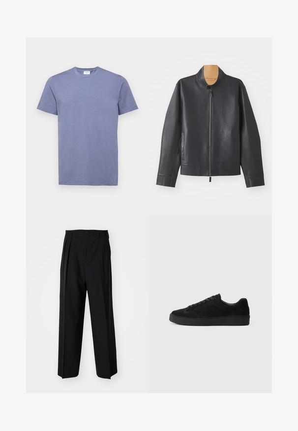 Fekete bőrdzseki álló gallérral, cipzáras záródással és kontrasztos barna varrással. Két oldalsó zsebbel és áramvonalas kialakítással rendelkezik.; Filippa K TEE - Basic póló - grey blue; Fekete, pliszírozott nadrág, egyenes, széles lábakkal. Sima anyagból készült, gombos záródással és övhurkokkal rendelkezik.; Fekete velúr sneaker lapos, texturált talppal, kerek orral, hat fűzőlyukkal és minimalista dizájnnal.