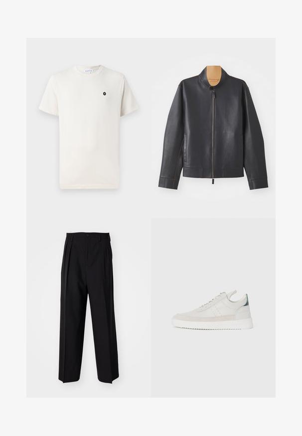 Melnā ādas jaka ar stāvošu apkakli, ar rāvējslēdzēju un pretstatājošiem brūniem šuvēm. Iezīmē divas sānu kabatas un plūstošu dizainu.; Krēmīgi kokvilnas t-krekls ar īsām piedurknēm, apaļu kakla izgriezumu un mazu melnu sešu stūra logotipu kreisajā krūšu daļā. Gluda tekstūra.; Melnas plisētās bikses ar taisnu, plata kāja dizainu. Izgatavotas no gludas auduma, ar pogu aizdari un jostas cilpiņām.; Baltas ādas sporta apavi ar pelēka zamšādas akcentiem, saistoša dizaina, ar vilkšanas cilpu un teksturētu gumijas zoli, kas raksturojas ar zigzag rakstu.