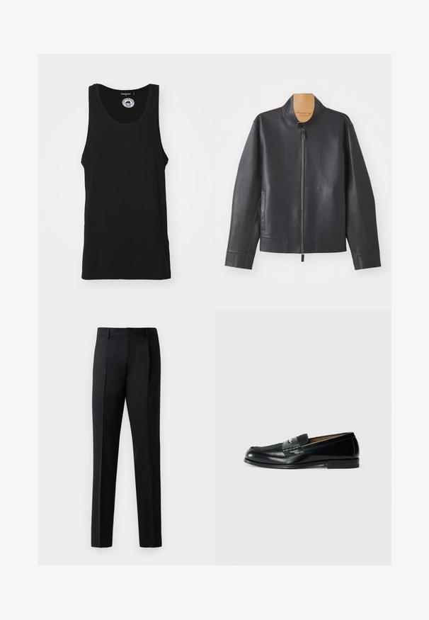 Giacca in pelle nera con colletto stand-up, chiusura a zip e cuciture a contrasto marroni. Presenta due tasche laterali e un design snello.; Canotta nera senza maniche in cotone con scollatura tonda e dettaglio del logo in rilievo sul fronte. Design pulito e minimalista.; Pantaloni formali neri realizzati in un tessuto liscio, con un design a gamba dritta, pieghe frontali e una vita standard senza decorazioni.; Mocassino in pelle nera con superficie testurizzata, dettaglio intrecciato e finitura liscia. Tacco basso e design minimalista.