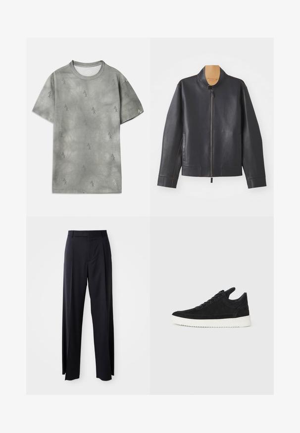 Svart läderjacka med ståkrage, blixtlåsstängning och kontrasterande bruna stygn. Har två sidofickor och en strömlinjeformad design.; Grå bomullströja med subtil AX-logomönster, rund halsringning, korta ärmar och en avslappnad passform. Slät textur med en något blekt stil.; Svarta, högmidjade byxor med vida ben, gjorda av mjukt tyg. Har framtill veck och bälteshällor. Minimalistisk design, ingen synlig hårdvara.; Svart mockaskor med en vit gummisula, som har ton-i-ton-sömmar och snörningsdesign. Slät textur med en modern, strömlinjeformad form.