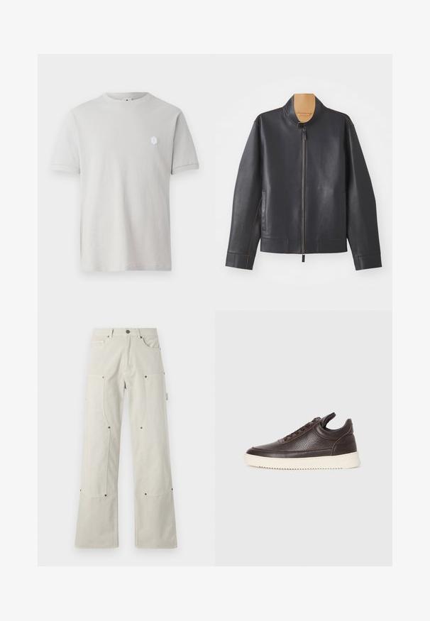 Jachetă din piele neagră cu guler înălțat, închidere cu fermoar și cusături contrastante maro. Dispune de două buzunare laterale și un design aerodinamic.; Tricou din bumbac de culoare gri deschis, cu mâneci scurte, guler circular și un mic logo hexagonal alb în partea stângă sus. Textură netedă.; Pantaloni largi, de culoare bej deschis, confecționați din bumbac cu o textură netedă, având buzunare aplicate și accente din metal.; Tenis din piele texturată, de culoare maro închis, cu șireturi în față și talpă din cauciuc alb, cu margini, pe un fundal deschis.