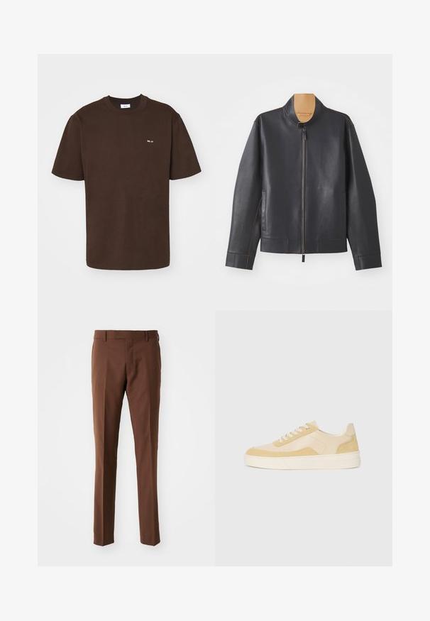 Schwarze Lederjacke mit Stehkragen, Reißverschluss und kontrastierendem braunem Näht. Sie verfügt über zwei Seitentaschen und ein schlankes Design.; NN.07 ADAM EMB - T-Shirt basic - brown; Braune, maßgeschneiderte Hose mit flachem Vorderteil, geradem Schnitt, glatter Textur und Gürtelschlaufen. Keine sichtbaren Muster oder Hardwaredetails.; Sneaker aus hellgelbem Wildleder und Leder, mit gepolsteter Sohle und gestalteten Akzenten. Klassisches Schnürdesign mit runder Zehenform.