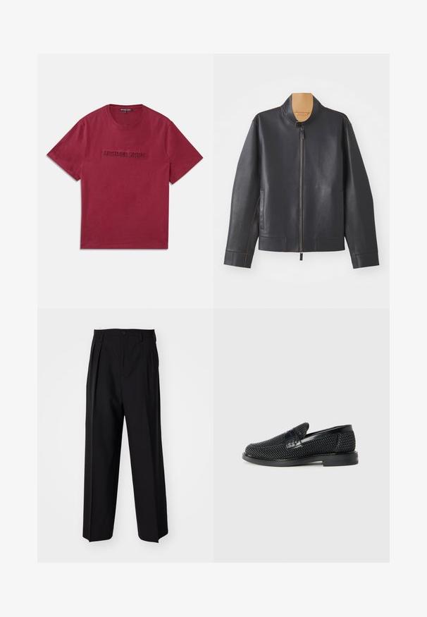 Černá kožená bunda s vysokým límcem, zipovým zapínáním a kontrastním hnědým prošíváním. Obsahuje dvě boční kapsy a zjednodušený design.; Burgundská bavlněná trička s kulatým výstřihem a vyvýšeným, embosovaným logem "MICHAEL KORS" na přední straně. Krátké rukávy, jednobarevný design.; Černé skládací kalhoty s rovnými, širokými nohavicemi. Vyrobené z hladké tkaniny, se zapínáním na knoflík a poutky na opasek.; Černé pletené nazouvací boty s hladkým koženým akcentem na svršku, kulatou špičkou a nízkoprofilovou gumovou podrážkou.