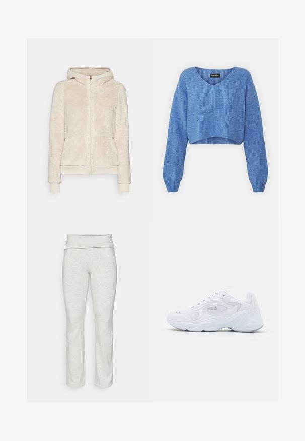 Fleece-Zip-Hoodie in hellbeige mit strukturiertem Stoff, vorderen Taschen und gerippten Bündchen und Saum. Verfügt über eine Kapuze und einen goldenen Reißverschluss.; Blauer, verkürzter Pullover mit V-Ausschnitt, gerippter Struktur und langen Ärmeln. Aus weichem Material gefertigt. Etikett: even&odd.; ONLY Play ONPFOLD LIFE JAZZ - Tights - light grey; Weißer Sportschuh mit einem strukturierten Mesh-Obermaterial, gepolstertem Schaft und klobiger Sohle. Verfügt über ein Logo an der Seite und eine Schnürung.