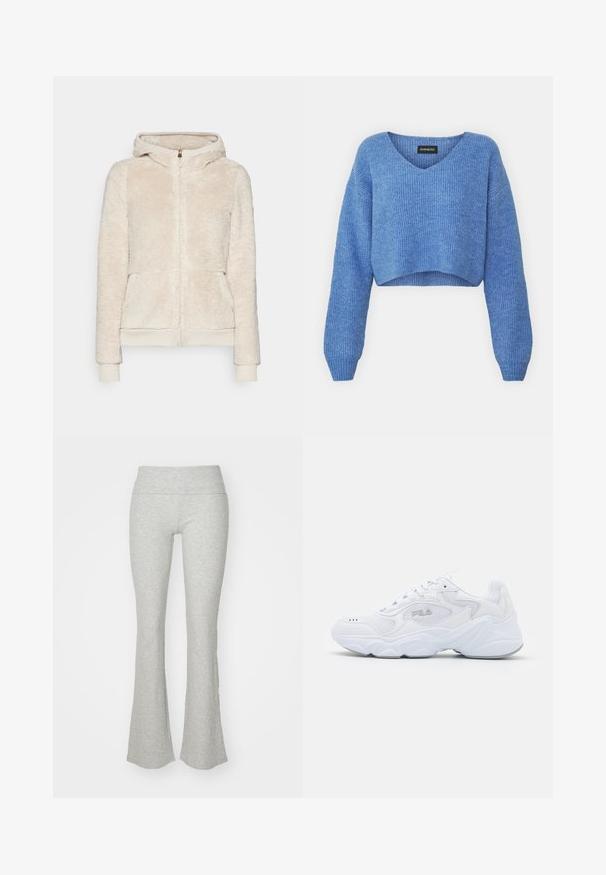 Fleece-Zip-Hoodie in hellbeige mit strukturiertem Stoff, vorderen Taschen und gerippten Bündchen und Saum. Verfügt über eine Kapuze und einen goldenen Reißverschluss.; Blauer, verkürzter Pullover mit V-Ausschnitt, gerippter Struktur und langen Ärmeln. Aus weichem Material gefertigt. Etikett: even&odd.; Hellgraue, ausgestellte Leggings aus geripptem Stoff mit einem breiten, elastischen Bund. Verfügt über ein enges Design, das zum Saum hin ausgestellt wird.; Weißer Sportschuh mit einem strukturierten Mesh-Obermaterial, gepolstertem Schaft und klobiger Sohle. Verfügt über ein Logo an der Seite und eine Schnürung.