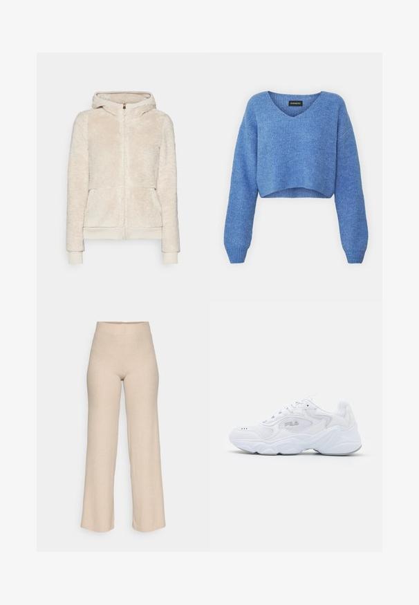 Fleece zip-up hoodie in light beige with textured fabric, front pockets, and ribbed cuffs and hem. Features a hood and gold zip closure.; Blue cropped sweater with a V-neck, ribbed texture, and long sleeves. Made of soft material. Label: even&odd.; Beige ribbed knit pants with a high waist and wide legs, displayed against a white background.; White athletic shoe with a textured mesh upper, padded collar, and chunky sole. Features a logo on the side and lace-up closure.