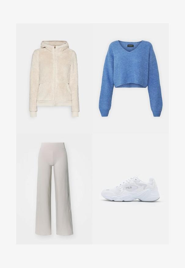 Mikina s kapucňou na zips z fleecu vo svetlej béžovej farbe s textúrovaným materiálom, prednými vreckami a vroubkovanými manžetami a lemom. Obsahuje kapucňu a zlatý zips.; Modrý skrátený sveter s výstrihom do V, rebrovanou textúrou a dlhými rukávmi. Vyrobený z mäkkého materiálu. Značka: even&odd.; Svetlošedé široké nohavice vyrobené z jemnej látky, s vysokým pásom a hladkým, nezdobeným povrchom.; Biele športové topánky s textúrovaným sieťovaným zvrškom, polstrovaným golierom a výraznou podrážkou. Obsahuje logo na boku a šnurovanie.