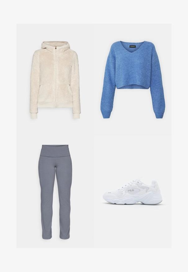 Veste à capuche zippée en polaire beige clair avec un tissu texturé, poches avant et poignets et ourlet côtelés. Dotée d'une capuche et d'une fermeture éclair dorée.; Pull cropped bleu avec un décolleté en V, texture côtelée et manches longues. Fabriqué dans un matériau doux. Étiquette : even&odd.; Leggings de sport gris avec une large taille lisse et une coupe ajustée et fuselée. Fabriqués dans un tissu doux et extensible.; Baskets blanches avec une tige en mesh texturé, un col rembourré et une semelle épaisse. Présente un logo sur le côté et un système de laçage.