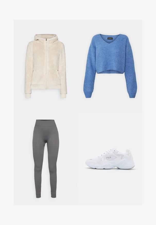 Švarkelis su užtrauktuku iš vilnos, šviesiai kreminės spalvos, su tekstūruota medžiaga, priekinėmis kišenėmis bei ribota apykakle ir apačia. Turi gobtuvą ir aukso spalvos užtrauktuką.; Mėlynas trumpas megztinis su V-formos iškirpte, rimtu tekstūru ir ilgomis rankovėmis. Pagamintas iš minkštos medžiagos. Etiketė: even&odd.; Pilkos šonkaulinės leggings su aukštu juosmeniu, prigludusia forma ir surišamais kulkšniais; pagamintos iš tamprių medžiagų, užtikrinančių komfortą ir judėjimo laisvę.; Balta sportinė avalynė su tekstūruota tinkleliu viršuje, paminkštintu auliuku ir storu padu. Yra logotipas šone ir raištelių užsegimas.