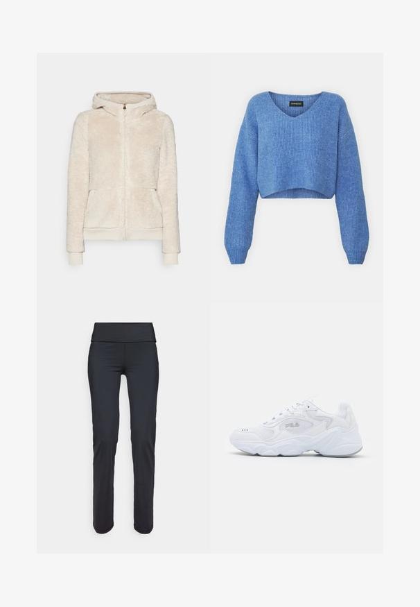 Švarkelis su užtrauktuku iš vilnos, šviesiai kreminės spalvos, su tekstūruota medžiaga, priekinėmis kišenėmis bei ribota apykakle ir apačia. Turi gobtuvą ir aukso spalvos užtrauktuką.; Mėlynas trumpas megztinis su V-formos iškirpte, rimtu tekstūru ir ilgomis rankovėmis. Pagamintas iš minkštos medžiagos. Etiketė: even&odd.; Juodos sportinės легинсы su plačiu, lygiu juosmeniu. Pagamintos iš elastingos medžiagos, turi elegantišką, siaurėjančią formą ir jokių matomų raštų.; Balta sportinė avalynė su tekstūruota tinkleliu viršuje, paminkštintu auliuku ir storu padu. Yra logotipas šone ir raištelių užsegimas.