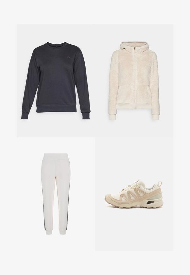 Könnyű bézs színű bolyhos zipzáras kapucnis pulóver texturált anyagból, elülső zsebekkel, bordázott mandzsettákkal és aljjal. Kapucnival és arany színű zipzárral rendelkezik.; Sötét szürke pulóver, puha anyagból, hosszú ujjakkal, kerek nyakkivágással és egy apró rózsaszín logóval a bal mellrészén.; Fehér, puha anyagból készült sportos nadrág, bordázott derékrésszel és fekete oldalsávokkal, az elején logós részlettel.; Beige és krém színű sportcipő, texturált hálós felsőrésszel, támogató burkolattal és gumitalppal, amely tapadás érdekében bordázott mintázattal rendelkezik.