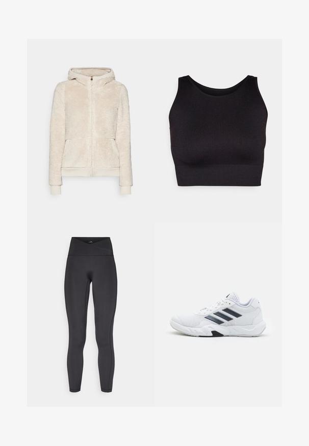 Fleecetrøje med lynlås i lys beige med tekstureret stof, frontlommer og ribbede manchetter og kant. Har en hætte og guldlukning med lynlås.; Sort ribbet crop top med høj halsudskæring og brede armhuller, fremstillet i et blødt, strækbart stof for komfort og et sømløst design.; Sorte leggings med høj talje og krydset taljebånd, lavet af elastisk stof, med en glat tekstur og syningsdetaljer.; Hvid atletisk sko med mesh-overdel, tre sorte striber på siden, strukturerede accenter og en robust gummisål med et kontrasterende sort område.