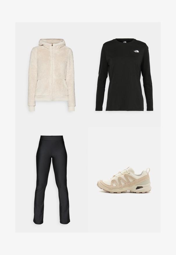 Fleece zip-up hoodie in light beige with textured fabric, front pockets, and ribbed cuffs and hem. Features a hood and gold zip closure.; Black long-sleeve t-shirt made of cotton with a round neck. Features a small white logo on the left chest area. Simple design and fit.; Black stretch leggings with a smooth texture and fitted design. Features a wide waistband and slight flare at the ankles. No visible patterns.; Beige and cream athletic shoe with textured mesh upper, supportive overlays, and rubber outsole featuring a tread pattern for traction.