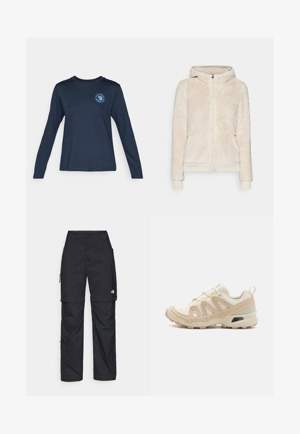 Könnyű bézs színű bolyhos zipzáras kapucnis pulóver texturált anyagból, elülső zsebekkel, bordázott mandzsettákkal és aljjal. Kapucnival és arany színű zipzárral rendelkezik.; Hosszú ujjú, sötétkék póló, puha anyagból készült. Kerek nyakkivágással és kék, kör alakú logóval rendelkezik a bal mell részen.; Fekete nylon zipzáras cargo nadrág állítható mandzsettával, több zsebbel és logóval a jobb lábon. Simább, könnyű textúra.; Beige és krém színű sportcipő, texturált hálós felsőrésszel, támogató burkolattal és gumitalppal, amely tapadás érdekében bordázott mintázattal rendelkezik.