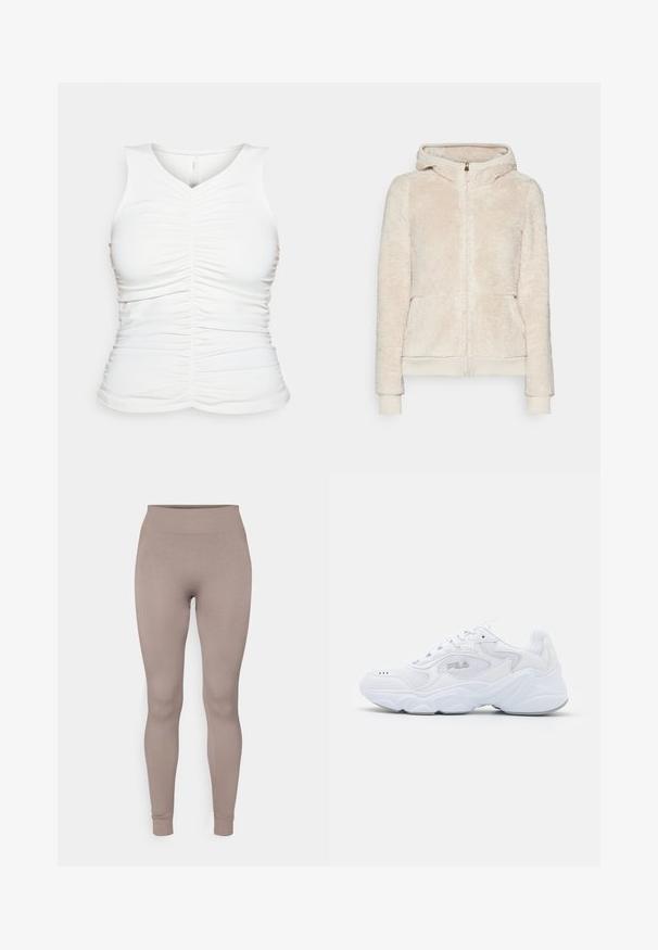Fleece zip-up hoodie in light beige with textured fabric, front pockets, and ribbed cuffs and hem. Features a hood and gold zip closure.; White sleeveless top with gathered detailing along the front and sides. Soft, smooth texture; v-neckline; fitted silhouette.; Ribbed leggings in a soft taupe color, featuring a high waistband, slim fit, and tapered ankles. Made from a textured, stretchable fabric.; White athletic shoe with a textured mesh upper, padded collar, and chunky sole. Features a logo on the side and lace-up closure.