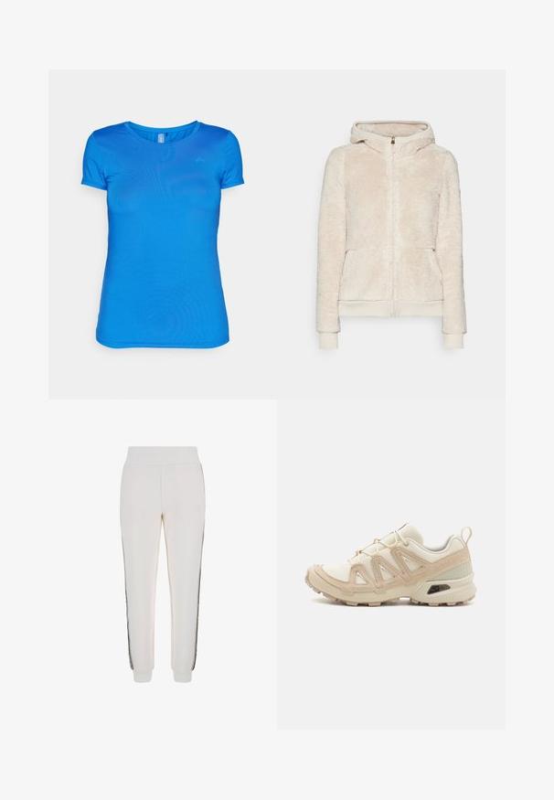 Sweatshirt com fecho éclair em fleece na cor bege claro, com tecido texturizado, bolsos frontais e punhos e bainha ribulados. Apresenta capuz e fecho éclair dourado.; T-shirt azul de mangas curtas, feito de tecido leve, com gola redonda e textura suave. Logótipo discreto no lado superior esquerdo.; Calças de jogging brancas feitas de tecido suave, com um cós canelado e riscas laterais pretas, apresentando um detalhe de logótipo na parte frontal.; Sapatilha atlética beige e creme com parte superior em malha texturizada, sobreposições de suporte e sola de borracha com um padrão de cravo para tração.