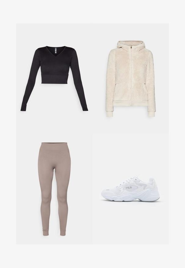 Kergedest nailonist kapuutsiga fliiskangast jope, helebeez, tekstureeritud kangaga, esiküljel taskud ning soonikkoes patsi ja alläär. Omab kapuutsi ja kuldset lukku.; Mustade pikkade varrukatega lühike topp V-kaelusega, valmistatud siledast kangast, millel on soonikkoes äär ja kehakujuline disain.; Ribidega retuusid pehmes taupe värvitoonis, millel on kõrge vöökoht, kitsas lõige ja kitsenevad pahkluud. Valmistatud tekstuurilisest, venitatavast kangast.; Valge spordijalats tekstuuriga pealmise osaga, pehmendatud kraega ja paksu tallaga. Küljele on pandud logo ja see on kinnitatud paeltega.