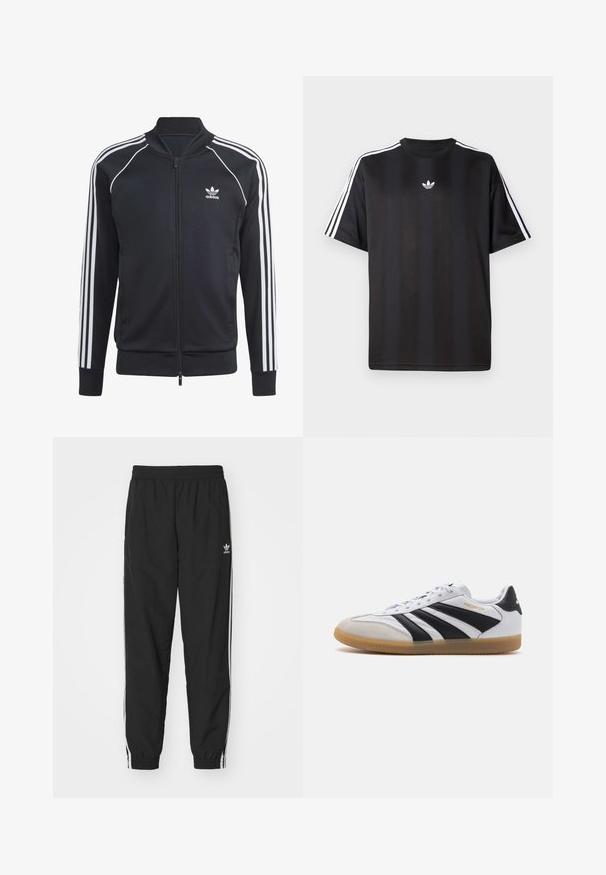 Svart zip-up jakke laget av mykt stoff, med tre hvite striper langs hvert erme, og en hvit Adidas-logo på brystet.; Svart t-skjorte med kort erm og hvite tre-stripes detaljer på skuldrene og en liten hvit logo på brystet. Mjuk stofftekstur.; Svarte joggebukser med elastisk midje og mansjetter, med hvite side-striper og en liten hvit Adidas-logo på venstre hoft.; Hvite skinnsneakers med svarte striper og detaljer, grå semsket tåhette og gummisåle; har snøring og "Predator" branding.
