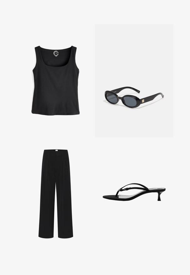 Schwarzer Trencoat mit doppeltknöpfendem Design, großen Revers, Schulterklappen und verstellbarem Gürtel. Hergestellt aus glattem Stoff mit Knopfdetails.; Schwarzes ärmelloses Tanktop aus Baumwolle mit einem Rundhalsausschnitt und einer einfarbigen Gestaltung ohne Muster oder Akzente.; Schwarzes Leinenhemd mit Kragen, langen Ärmeln und durchgehender Knopfleiste; hat eine lockere Passform und einen leicht abgerundeten Saum.; Schwarze weite Hosen mit hoher Taille, Falten und einer glatten Textur. Minimalistisches Design ohne sichtbare Muster oder Beschläge.; Mango Zehentrenner - black; Schwarze ovale Sonnenbrillen mit dunklen Gläsern, glänzendem Kunststoffrahmen, breiten Bügeln und einem kleinen goldenen Akzent auf einer Seite.