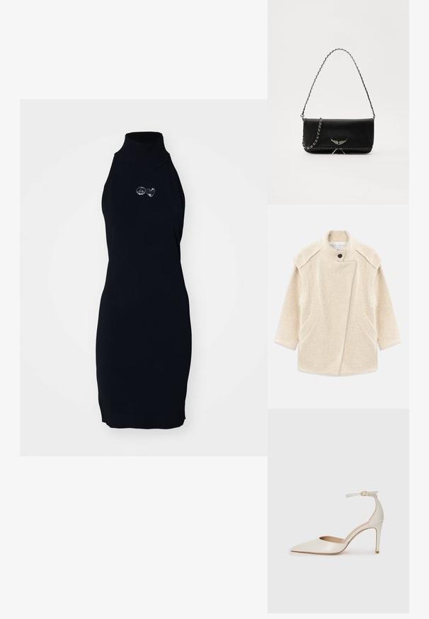 Krēmkrāsas vilnas mētelis ar teksturētu virsmu, piedāvājot augstu apkakli, vienu pogu aizdari un sānu kabatas. Tiešas griezuma dizains.; Melnas bezpiedurkņu kleitas ar imitētu augstu apkakli, izgatavotas no elastīga auduma. Krūšu daļā ir izšūta miera zīme un sirds logo.; Baltas ādas augstpapēžu kurpes ar smailu purngala daļu, potītes siksniņu un šauru stiletto papēdi. Gluda tekstūra ar smalku spīdumu.; Melnas ādas rokassomā ar sudraba ķēdes siksnu, kurai ir dekoratīvi spārnu akcenti un baltā šuvēšana apakšējā šuvē.