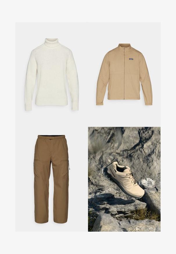 Bežová bunda na zips s vysokým golierom, dlhými rukávmi a elastickými manžetami; obsahuje logovú nášivku na ľavej hrudi a má hladkú textúru.; Krémový sveter s vysokým golierom, rebrovanými manžetami a textúrovaným pleteným vzorom. Má voľný strih a bezšvový dizajn.; Hnedé, ľahké cargo nohavice s elastickým pásom, bočnými vreckami na zips a voľným strihom. Hladká textúra a minimálne detaily.; Bežová trailová bežecká obuv Salomon vo vzduchu nad skalnatým vonkajším terénom so roztrúsenou trávou a malými kameňmi.