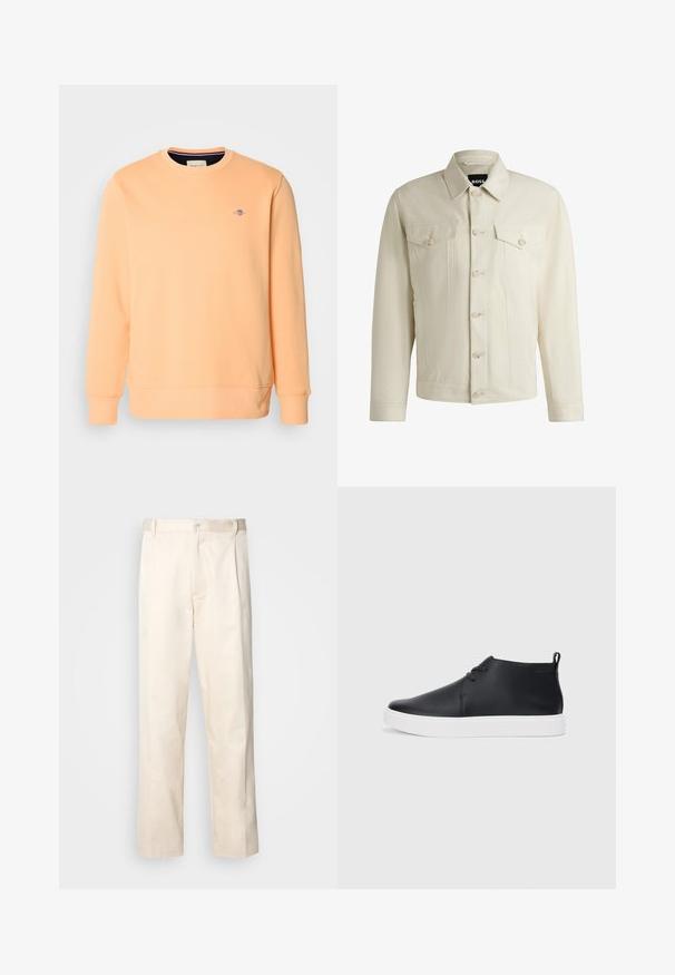 Helle beige Jeansjacke mit klassischem Kragen, vorderem Knopfverschluss, zwei Brusttaschen und dezenten Nähdetails. Sanfte Textur.; Pfirsichfarbener Sweatshirt aus Baumwollmischung, mit Rundhalsausschnitt, gerippten Bündchen und Saum. Kleines blaues Logo auf der Brust. Glatte, weiche Textur in einfarbig.; Beige Baumwollhose mit geradem Bein, ausgestattet mit einem Knopfverschluss und Falten an der Vorderseite für zusätzliche Details.; Schwarze Leder-Hohe Sneaker mit glatter Oberfläche, weißer Gummisohle und einfachem Schnürdesign. Verfügt über eine Zuglasche an der Rückseite.