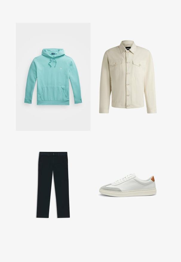 Helle beige Jeansjacke mit klassischem Kragen, vorderem Knopfverschluss, zwei Brusttaschen und dezenten Nähdetails. Sanfte Textur.; Helle türkisfarbene Kapuzenjacke aus weicher Baumwolle. Verfügt über eine vordere Kängurutasche, eine Kapuze mit Kordelzug und ein kleines gesticktes Logo auf der Brust.; Dunkelblaue Chinos aus einer Baumwollmischung. Merkmale sind Gürtelschlaufen, Vordertaschen und ein Reißverschluss mit Knopfverschluss.; Weiße Leder-Sneaker mit grauen Wildlederakzenten und einer sandfarbenen Lederfersenschlaufe. Sie verfügen über eine strukturierte Oberfläche und eine leichte Sohle.