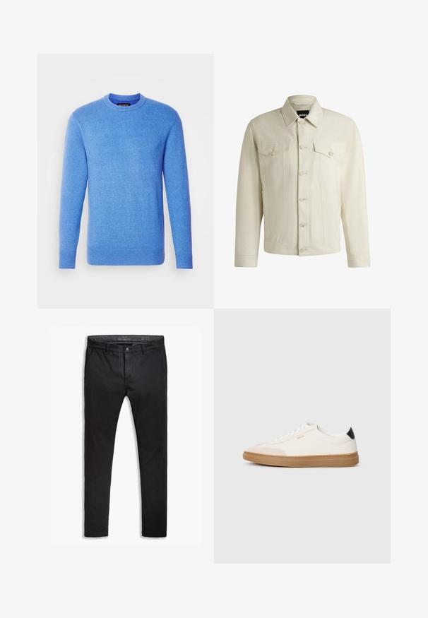 Lichtbeige denimjas met een klassieke kraag, sluiting met knopen aan de voorkant, twee borstzakken en subtiele stikdetails. Gladde textuur.; Blauwe gebreide trui met lange mouwen, ronde hals, ribbels aan de manchetten en onderkant. Zachte textuur, uniforme kleur, gelabeld aan de binnenkant van de nek.; Zwarte katoenen chinos met een taps toelopende pasvorm, voorzien van vijf zakken, riemlussen en een gladde textuur. Ritssluiting met een knoopsluiting.; Witte sneakers met beige accenten, bovenwerk van glad leer, ronde neus en rubberen gumzool, met een zwarte hieltab en subtiele branding.