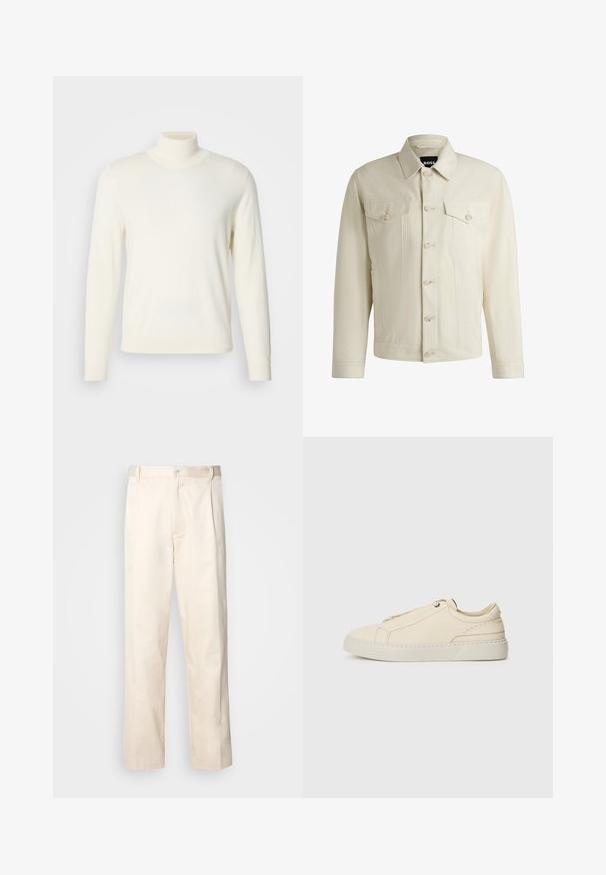 Giacca di jeans color beige chiaro con colletto classico, chiusura frontale con bottoni, due tasche sul petto e dettagli di cucitura sottili. Texture liscia.; Pullover a collo alto di colore crema, realizzato in tessuto morbido, con maniche lunghe e una silhouette aderente, privo di motivi o decorazioni visibili.; Pantaloni in cotone beige con taglio dritto, dotati di chiusura a bottone e pence sul davanti per un tocco di dettaglio in più.; Sneaker in pelle beige con punta arrotondata, design minimalista, dettagli di cucitura sottili e una parte superiore testurizzata, su una suola chiara.