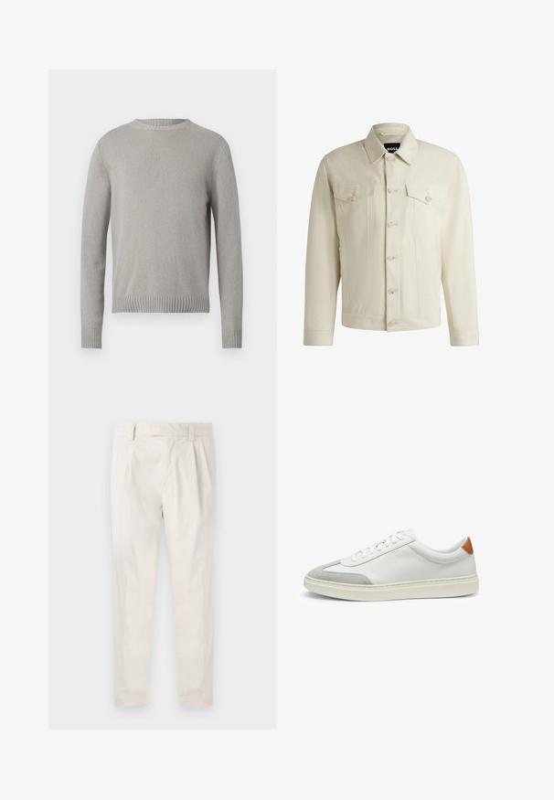 Giacca di jeans color beige chiaro con colletto classico, chiusura frontale con bottoni, due tasche sul petto e dettagli di cucitura sottili. Texture liscia.; Maglione grigio chiaro lavorato a maglia con scollatura rotonda, polsini e orlo a coste. Presenta un tessuto testurizzato in un colore solidale senza motivi.; Pantaloni bianchi plissettati con taglio su misura, caratterizzati da una texture liscia, passanti per la cintura e gambe affusolate. Nessuna tasca o motivo visibile.; Sneakers bianchi in pelle con accenti in suede grigio e un tallone in pelle beige. Presentano una superficie testurizzata e una suola leggera.