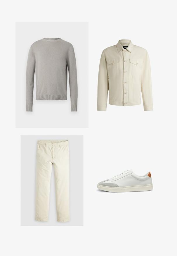 Lichtbeige denimjas met een klassieke kraag, sluiting met knopen aan de voorkant, twee borstzakken en subtiele stikdetails. Gladde textuur.; Lichtgrijze gebreide trui met een ronde halslijn, geribbelde mouwen en zoom. Kenmerkt zich door een textuur stof in een effen kleur zonder patronen.; Lichtbeige losse broek met drie zakken, riemlussen en een recht model. Gemaakt van een zachte katoenmix.; Witte leren sneakers met grijze suede accenten en een tan leren hieltab. Kenmerkt zich door een textuurovervlak en een lichtgewicht zool.