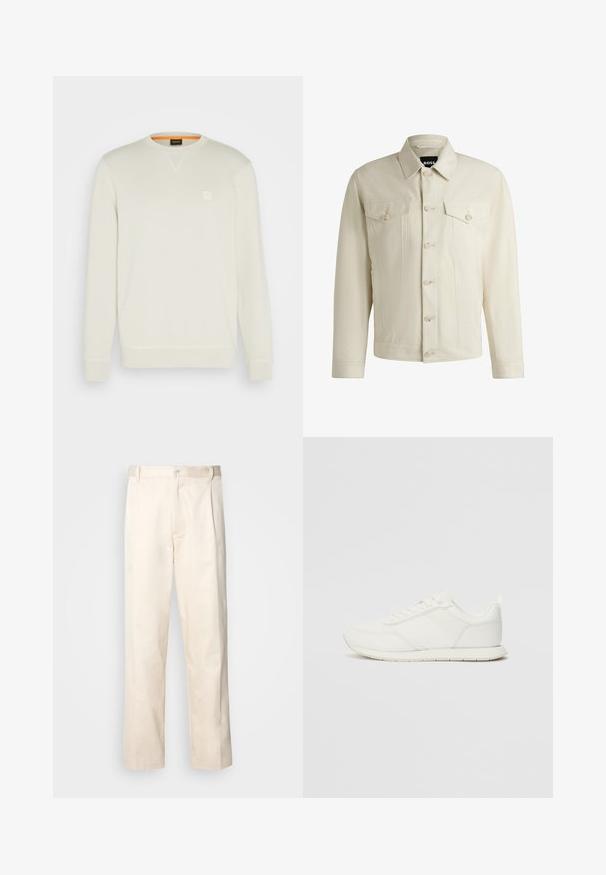 Giacca di jeans color beige chiaro con colletto classico, chiusura frontale con bottoni, due tasche sul petto e dettagli di cucitura sottili. Texture liscia.; Felpa chiara con scollo rotondo, maniche lunghe e un piccolo logo quadrato sul petto. Tessuto morbido e interno arancione a contrasto.; Pantaloni in cotone beige con taglio dritto, dotati di chiusura a bottone e pence sul davanti per un tocco di dettaglio in più.; Sneaker bianco con tomaia in rete e materiale sintetico, punta tonda, lacciuoli piatti e una striscia laterale testurizzata. Suola in gomma con linguetta sul retro.