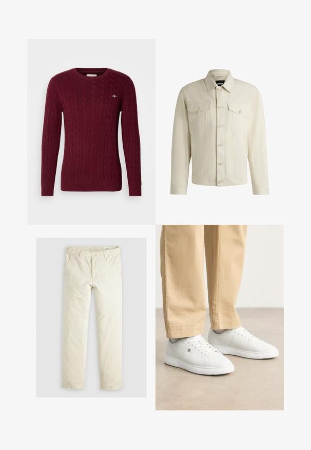 Helle beige Jeansjacke mit klassischem Kragen, vorderem Knopfverschluss, zwei Brusttaschen und dezenten Nähdetails. Sanfte Textur.; Burgunderfarbener Rundhals-Pullover mit Kabelstrickmuster, langen Ärmeln und kleinem gestickten Logo auf der linken Brust.; Helle beigefarbene, lässig geschnittene Hose mit drei Taschen, Gürtelschlaufen und geradem Bein. Hergestellt aus einem weichen Baumwoll-Mix.; Weiße Ledersneaker mit glatter Oberfläche, runde Zehenpartie, Schnürdesign und dezente Logo-Details an der Seite, kombiniert mit beigen Hosen.