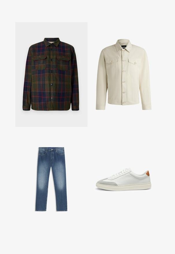 Helle beige Jeansjacke mit klassischem Kragen, vorderem Knopfverschluss, zwei Brusttaschen und dezenten Nähdetails. Sanfte Textur.; Karierte Flanellhemd in Dunkelgrün, Marineblau und Burgunderrot mit Knopfleiste, zwei Brusttaschen und einem klassischen Kragen. Texturierte Stoffoberfläche.; Jeans aus Denim mit einem Streifenmuster, mittelblauer Farbe, mit ausgewaschenen Bereichen, geradem Beinschnitt, fünf Taschen und einem Metallknopfverschluss.; Weiße Leder-Sneaker mit grauen Wildlederakzenten und einer sandfarbenen Lederfersenschlaufe. Sie verfügen über eine strukturierte Oberfläche und eine leichte Sohle.