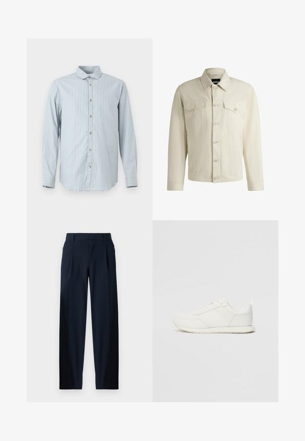 Vaalea beige farkkutakki, jossa on klassinen kaulus, nappikiinnitys edessä, kaksi rintataskua ja hienovaraiset tikkausten yksityiskohdat. Silkkinen rakenne.; Vaaleansininen raidallinen nappipaita, joka on valmistettu puuvillasta. Siinä on terävä kaulus, pitkät hihat ja suora helma, jossa on nappisulku.; Tummansinisiä housuja, joissa on sileä pinta, leveät lahkeet, etupurjeet, vyölenkit ja vetoketjukiinnitys. Sopivat sekä virallisiin että rentoihin tilaisuuksiin.; Valkoiset tennarit, joissa on verkkokankainen ja synteettinen yläosa, pyöreä kärki, litteät nauhat sekä teksturoitu sivuviiru. Kumipohja ja vetoketju takana.