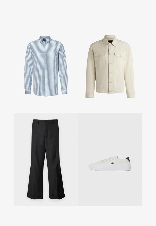 Helle beige Jeansjacke mit klassischem Kragen, vorderem Knopfverschluss, zwei Brusttaschen und dezenten Nähdetails. Sanfte Textur.; john devin LANGARM - Hemd - blau-gestreift; Schwarze weit geschnittene Hosen mit geknöpftem Bund und umgeschlagenen Säumen, vor einem schlichten weißen Hintergrund präsentiert.; Weiße Leder-Sneaker mit runder Spitze, Schnürung und schwarzem Fersenakzent. Verfügt über ein kleines gesticktes Krokodillogo an der Seite.