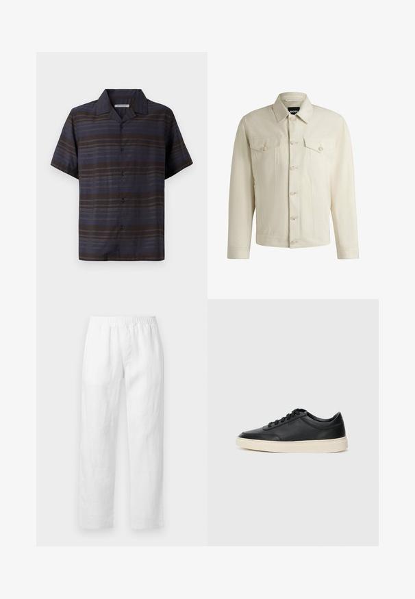 Vaalea beige farkkutakki, jossa on klassinen kaulus, nappikiinnitys edessä, kaksi rintataskua ja hienovaraiset tikkausten yksityiskohdat. Silkkinen rakenne.; Lyhythihainen paita tummansinisessä ja ruskeassa värissä, joissa on pystysuorat raidat, nappilista edessä, terävä kaulus ja sileä kangas.; Valkoiset pellavahousut, joissa on joustava vyötärönauha, suora lahjemalli ja pehmeä koostumus ilman näkyviä kuvioita tai metalliosia.; Musta matalavartinen nahkastretchu, jossa on mustat nauhat ja vaaleanharmaa pohja, esitetty sivuprofiilissa valkoista taustaa vasten.