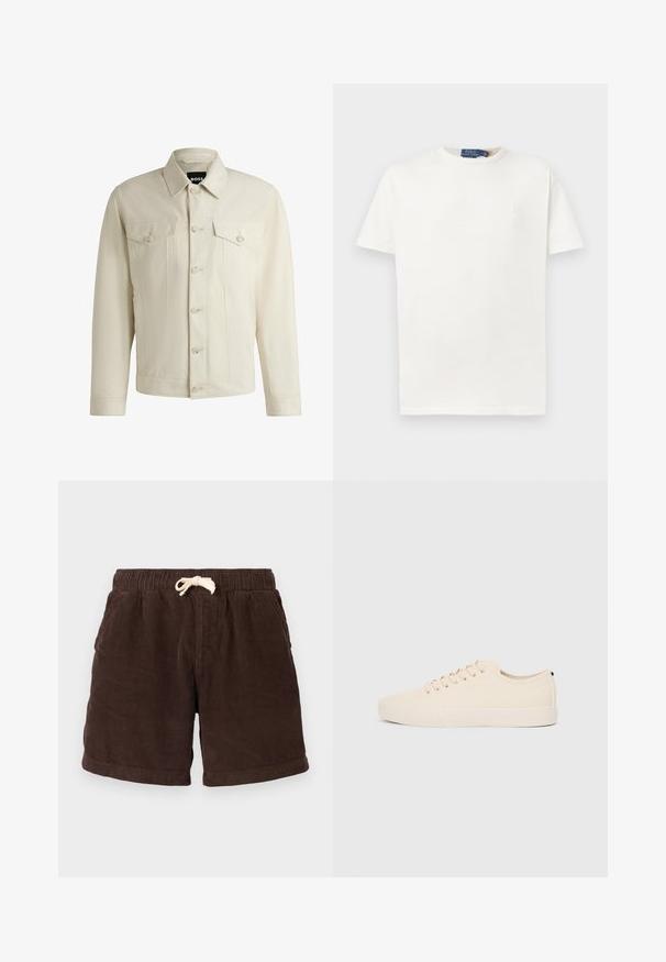 Giacca di jeans color beige chiaro con colletto classico, chiusura frontale con bottoni, due tasche sul petto e dettagli di cucitura sottili. Texture liscia.; T-shirt bianco semplice a maniche corte con colletto rotondo, decorato con un logo ricamato in modo discreto sul lato sinistro del petto e un'etichetta di marca sul colletto.; Shorts in velluto a coste marrone con vita elastica, chiusura con cordino e tasche laterali. Il tessuto presenta rigature verticali e una finitura testurizzata.; Sneaker in tela beige con punta rotonda, suola in gomma piatta e lacci sulla parte anteriore. Presenta un design minimalista e un accento nero a contrasto sul tallone.