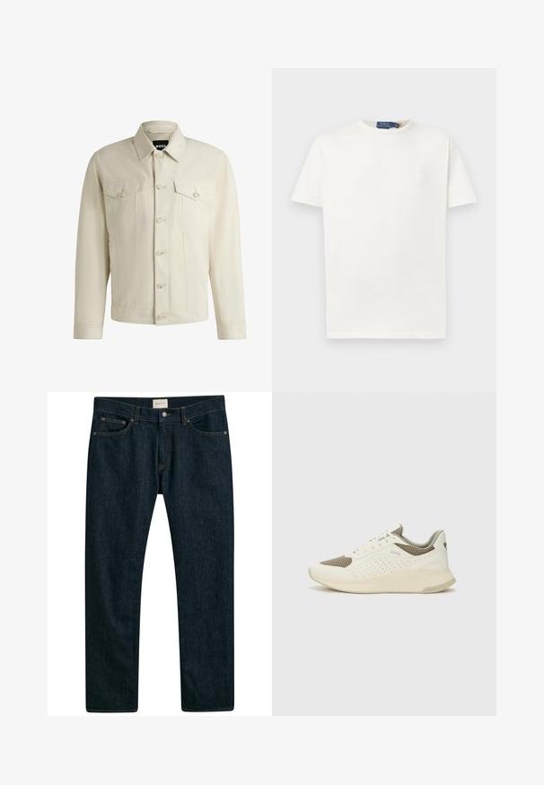 Vaalea beige farkkutakki, jossa on klassinen kaulus, nappikiinnitys edessä, kaksi rintataskua ja hienovaraiset tikkausten yksityiskohdat. Silkkinen rakenne.; Yksivärinen valkoinen lyhythihainen crew neck -t-paita, jossa on huomaamaton brodeerattu logo vasemmassa rinnassa ja merkkilogo kauluksessa.; Tummansiniset farkut, joissa on suora lahje, viisi taskua ja erottuva tikkaus saumoissa. Sileä kankaankosketus.; Valkoinen ja vaaleanbeige urheilukengät, joissa on verkkomateriaali yläosa, rei'itettyjä yksityiskohtia ja teksturoitu välipohja, jossa on brändäys kantapäässä.