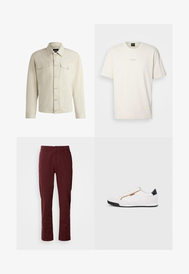 Veste en denim beige clair avec un col classique, fermeture à boutons sur le devant, deux poches poitrine et détails de couture subtils. Texture lisse.; BOSS TEE - T-shirt basique - open white; Pantalons en coton marron avec une coupe droite, poches avant, fermeture à un bouton et détails de couture visibles.; Baskets blanches avec des accents en maille et en cuir. Caractéristiques d'un logo "BOSS" doré, de panneaux latéraux texturés et d'un capuchon de talon noir. Semelle en caoutchouc.