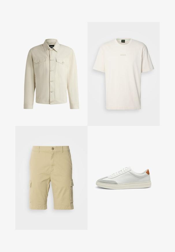 Veste en denim beige clair avec un col classique, fermeture à boutons sur le devant, deux poches poitrine et détails de couture subtils. Texture lisse.; BOSS TEE - T-shirt basique - open white; Shorts cargo en kaki en coton avec une texture lisse, présentant des poches latérales et une fermeture à bouton à la taille.; Baskets en cuir blanc avec des accents en suède gris et un talon en cuir beige. Elles présentent une surface texturée et une semelle légère.