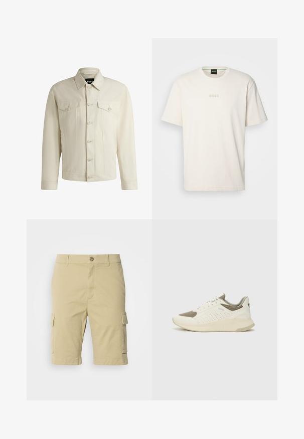 Helle beige Jeansjacke mit klassischem Kragen, vorderem Knopfverschluss, zwei Brusttaschen und dezenten Nähdetails. Sanfte Textur.; BOSS TEE - T-Shirt basic - open white; Kaki Cargo-Shorts aus Baumwolle mit glatter Textur, ausgestattet mit Seitentaschen und einem Knopfverschluss in der Taille.; Weiße und hellbeige Sport Sneakers, ausgestattet mit einem Obermaterial aus Netzgewebe, perforierten Details und einer strukturierten Zwischensohle mit Branding an der Ferse.