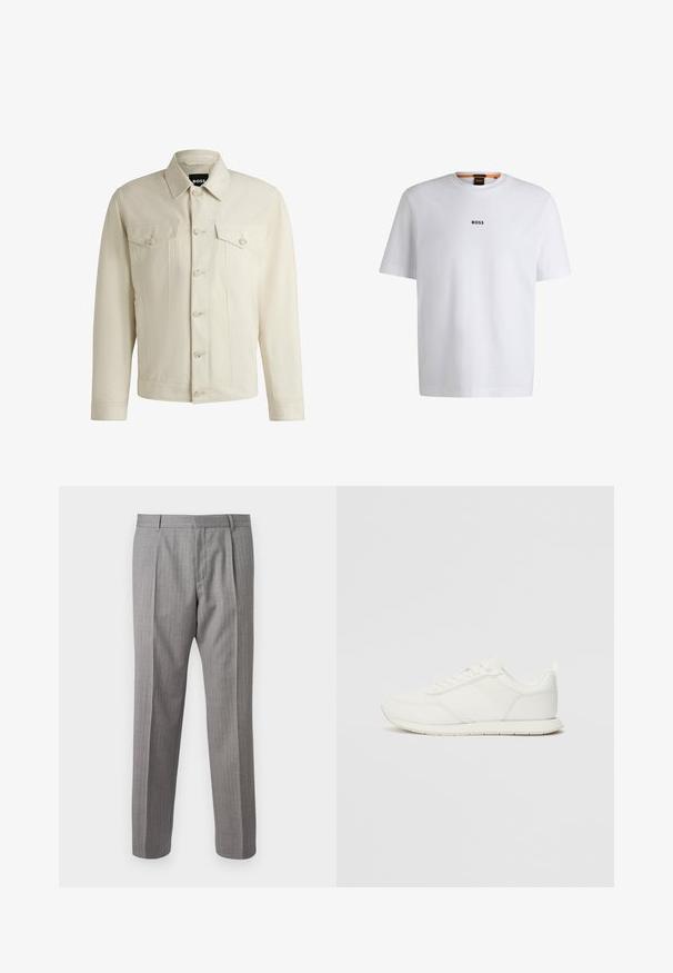 Ljus beige denimjacka med en klassisk krage, knappstängning framtill, två bröstfickor och subtila sömdetaljer. Slät textur.; Vit bomull T-shirt med korta ärmar, med en svart "BOSS"-logotyp centrerad på bröstet och en rund nackdesign.; Grå, randiga byxor med skräddarsydd passform, som har framfickor, bältesömmar och en slät yta. Rakt ben-design, rena fållar.; Vita sneakers med ett överdel i mesh och syntetmaterial, rund tå, platta snörning, och ett texturerat sidostreck. Gummisula med en dragflik bak.