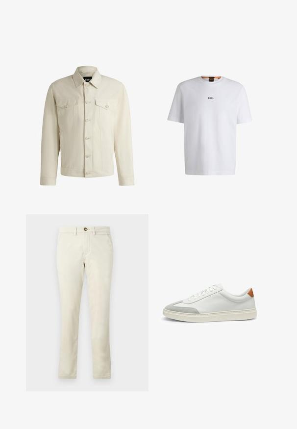 Vaalea beige farkkutakki, jossa on klassinen kaulus, nappikiinnitys edessä, kaksi rintataskua ja hienovaraiset tikkausten yksityiskohdat. Silkkinen rakenne.; Valkoinen puuvillapaita lyhyillä hihoilla, jossa on musta "BOSS"-logo keskellä rintaa ja pyöreä pääntie.; Beige puuvillachinot suoran lahkeen muotoilulla, jossa on etupainike, kaksi sivutaskua ja sileä, hieman tekstuuroituskangas.; Valkoiset nahkakengät, joissa on harmaat mikrokuituakkentit ja vaaleanruskea nahkakanta. Ominaisuuksiin kuuluu teksturoitu pinta ja kevyt pohja.