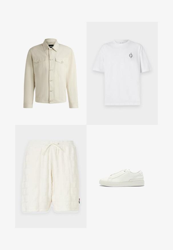 Vaalea beige farkkutakki, jossa on klassinen kaulus, nappikiinnitys edessä, kaksi rintataskua ja hienovaraiset tikkausten yksityiskohdat. Silkkinen rakenne.; Valkoinen puuvillapaita rentoa istuvuutta, jossa on pieni musta graafinen logo vasemmassa rintataskussa. Lyhyet hihat, pyöreä kaula-aukko.; Valkoiset tekstuurilla varustetut shortsit, joissa on kohokuvioitu kuvio. Elastinen vyötärö ja kiristysnaru. Sivutaskut ja erottuva trimmi helman kohdalla.; Valkoinen nahkakenkä, jossa on teksturoitu yläosa, pyöreä kärki, minimalistinen muotoilu ja kumipohja, jossa on ommeltu yksityiskohta.