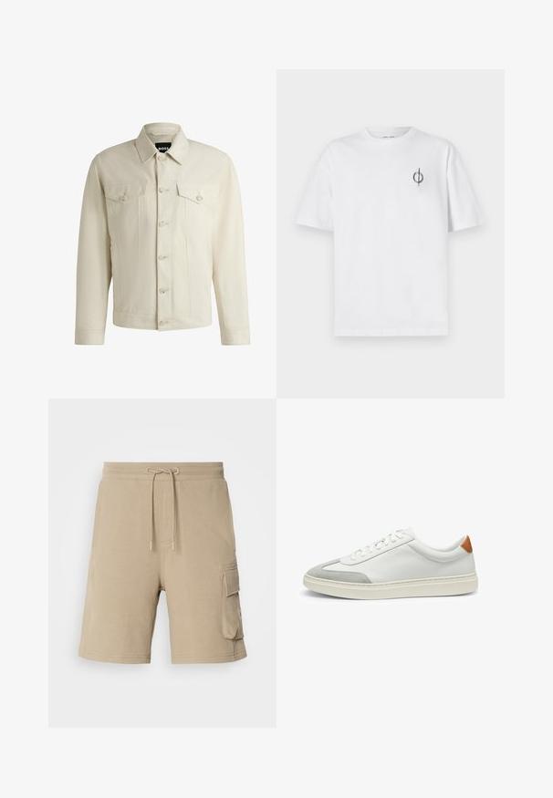 Light beige denim jacket with a classic collar, front button closure, two chest pockets, and subtle stitching details. Smooth texture.; White cotton t-shirt with a relaxed fit, featuring a small black graphic logo on the left chest area. Short sleeves, crew neck style.; Beige cargo shorts made of soft fabric, featuring a drawstring waistband and side pockets. Simple design, knee-length, minimal stitching details.; White leather sneakers with gray suede accents and a tan leather heel tab. Features a textured surface and lightweight sole.