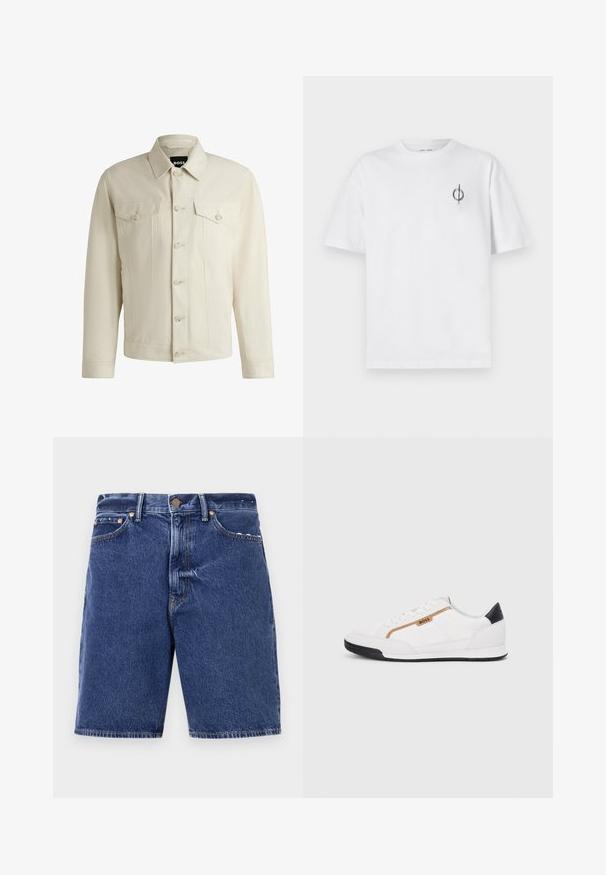Ljus beige denimjacka med en klassisk krage, knappstängning framtill, två bröstfickor och subtila sömdetaljer. Slät textur.; Vit bomullströja med avslappnad passform, med en liten svart grafisk logotyp på vänster bröstområde. Korta ärmar, rundad hals.; Denimshorts i mörkblått med klassisk skärning, med knappstängning, fem fickor och kontrasterande orange sömmar.; Vita sportskor i vitt med inslag av nät och läder. Har en gyllene "BOSS"-logotyp, texturerade sidopaneler och en svart hälkap. Gummisula.